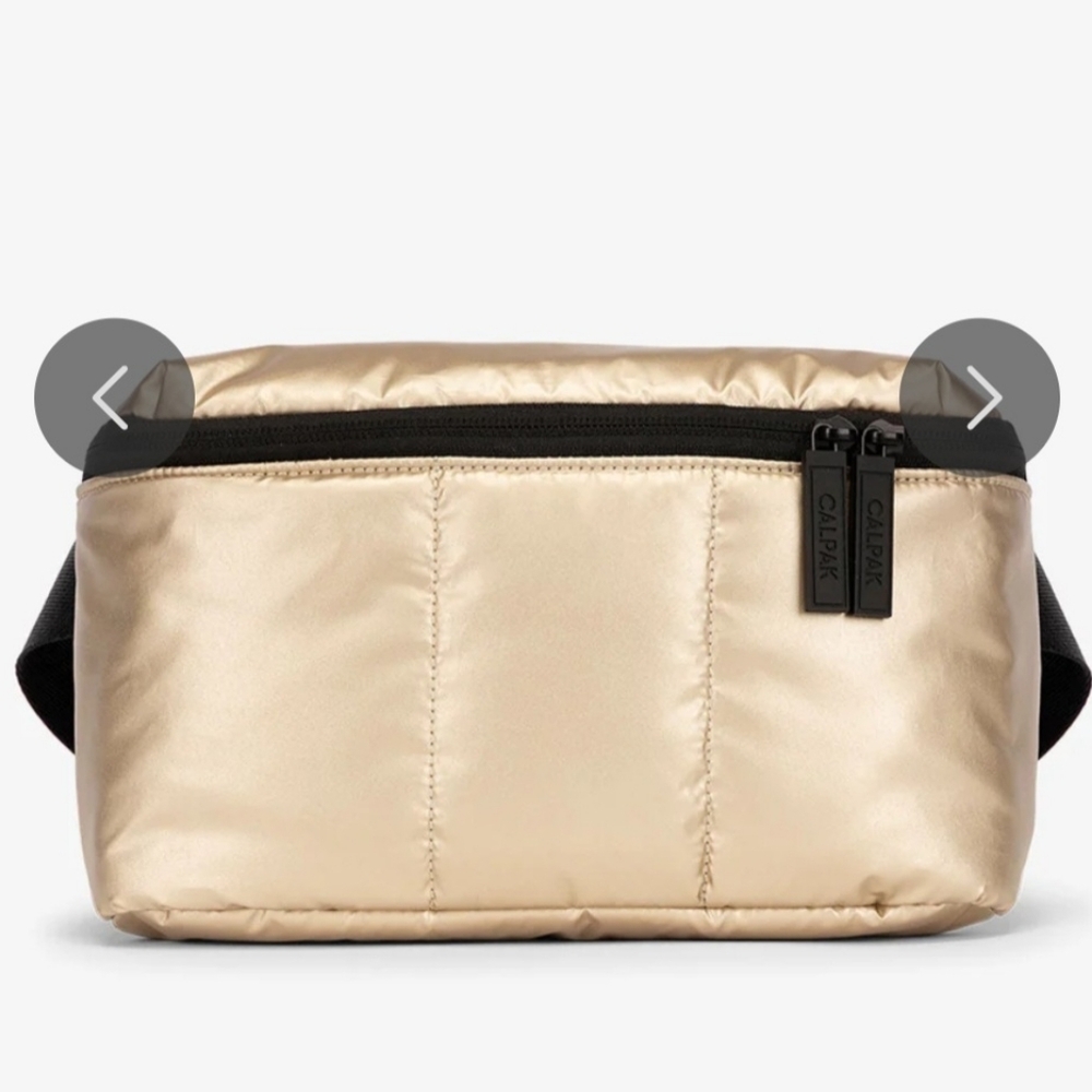 Luka Calpak Belt/Fanny Bag in Gold and Black Strap. Matches Luka Gold Products
